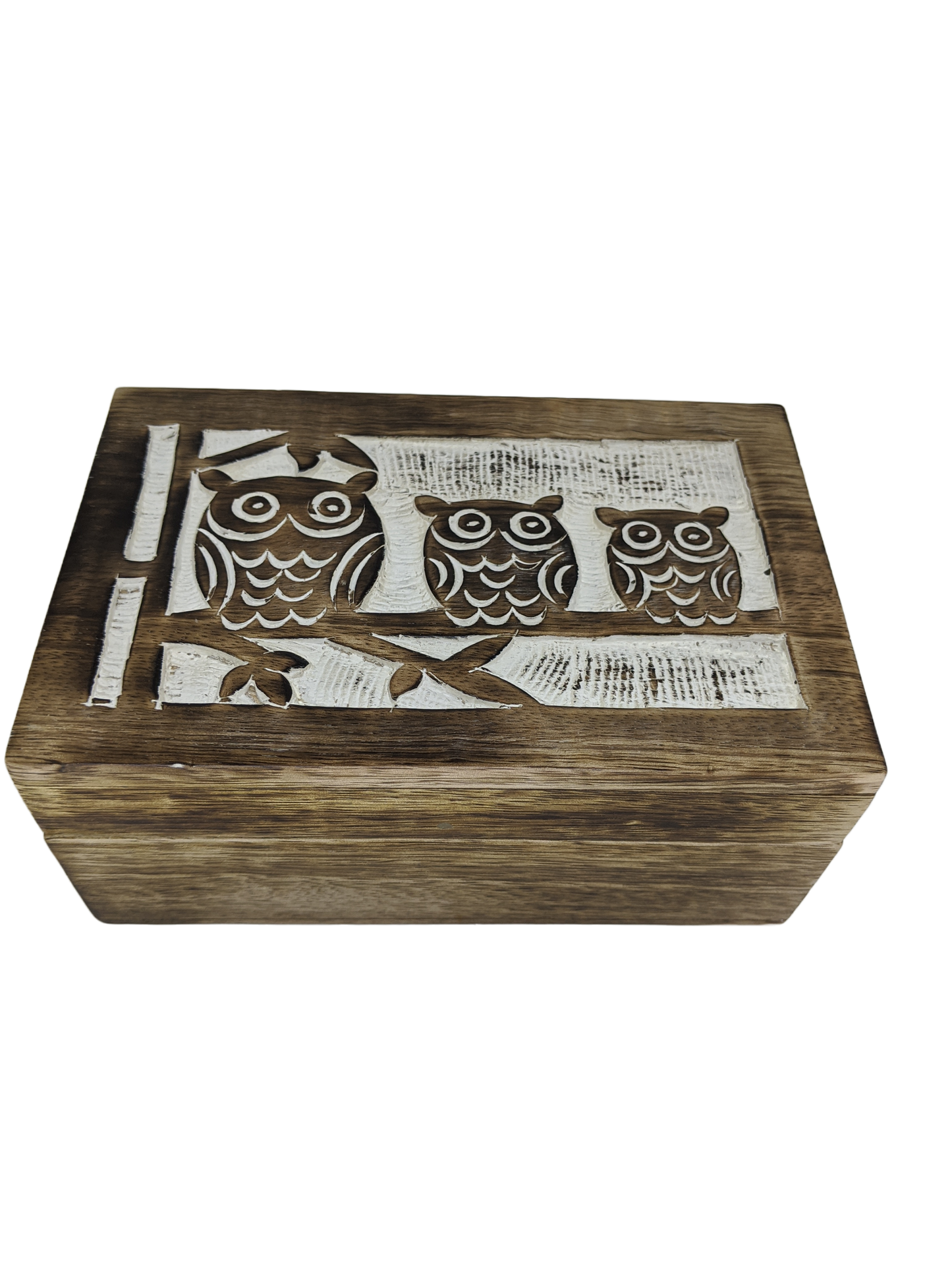 Three Wise Owl Whitewashed Wood Box