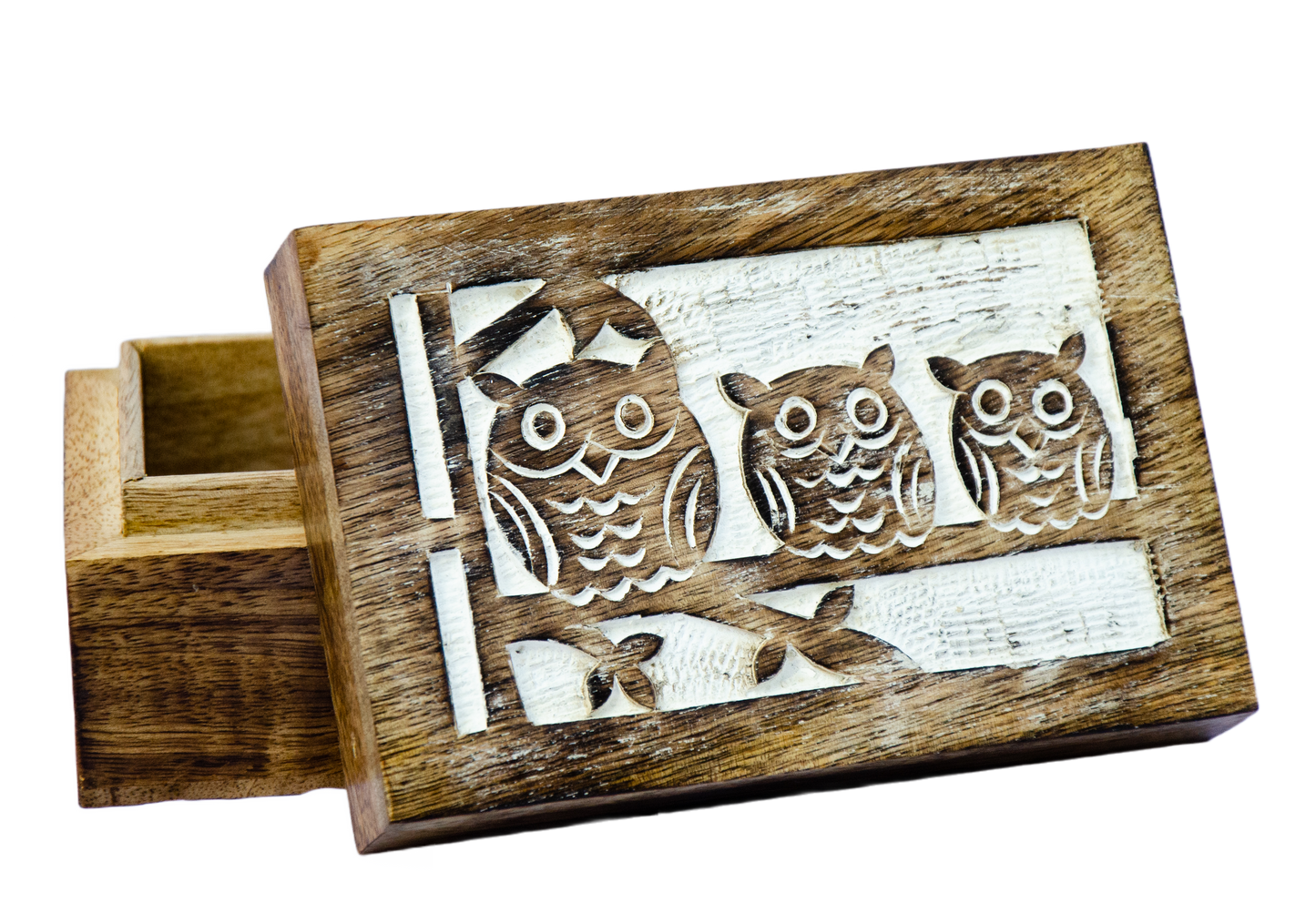 Three Wise Owl Whitewashed Wood Box