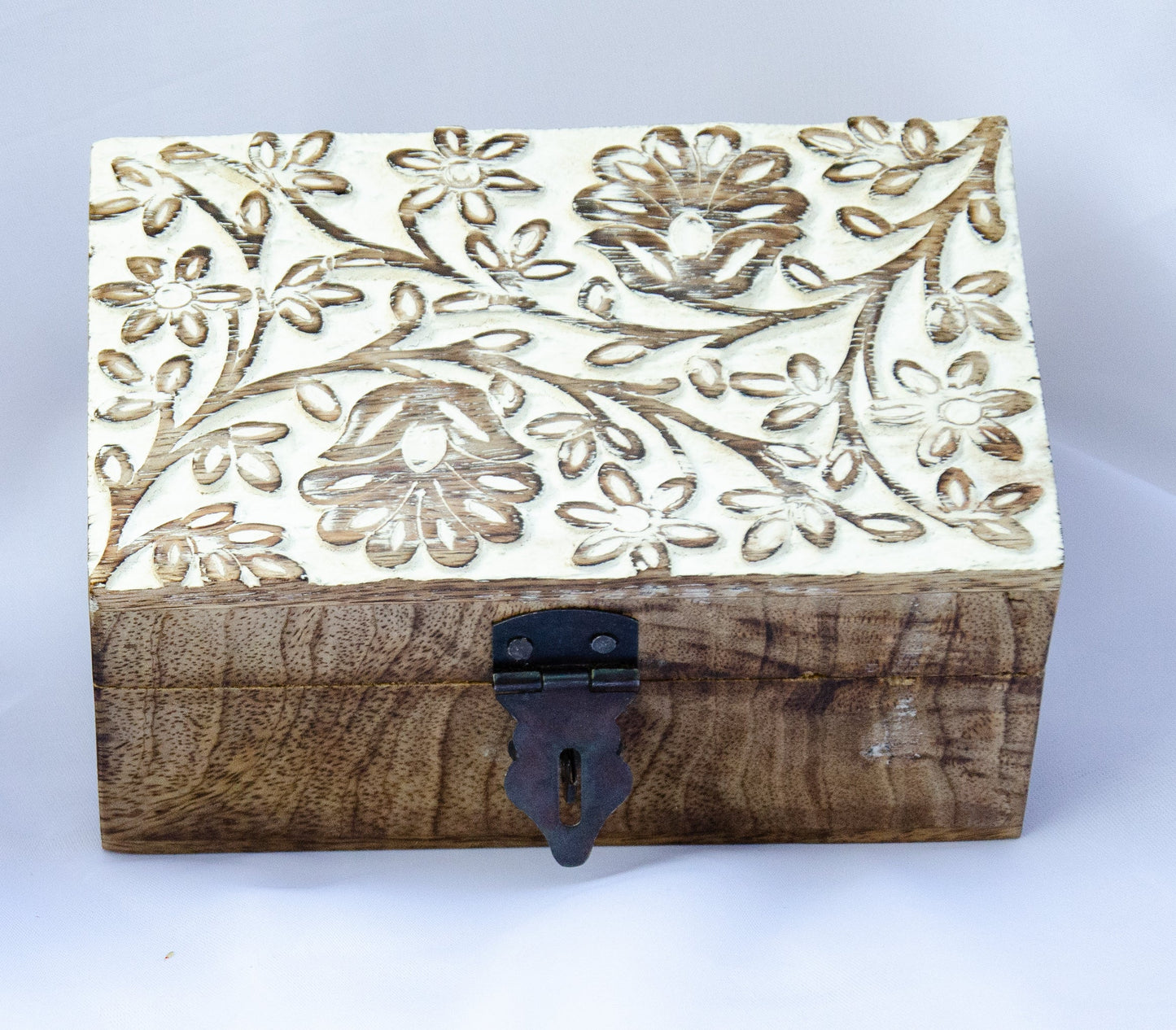 White Washed Wood Carved Box