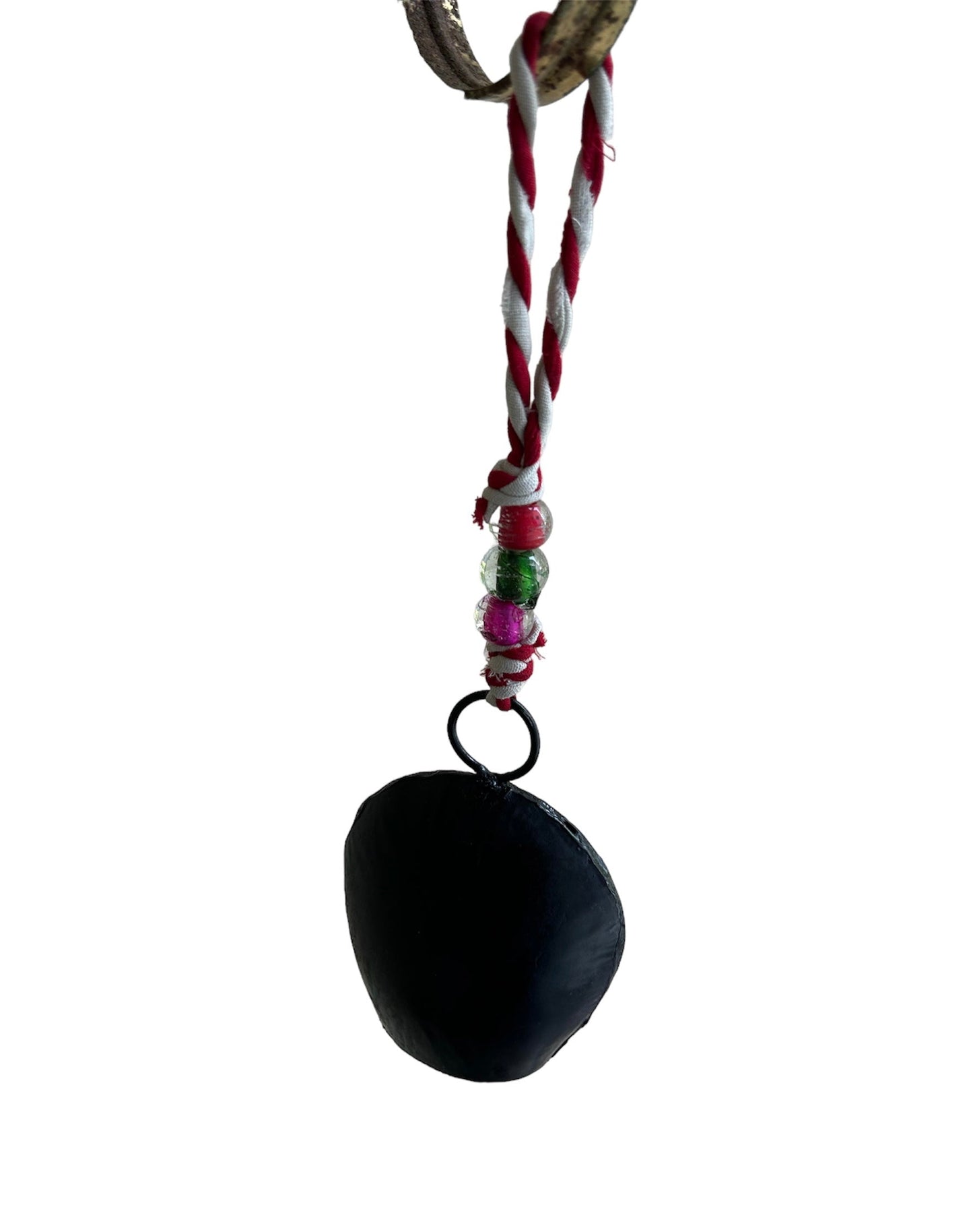 Iron bell with fabric string and beads