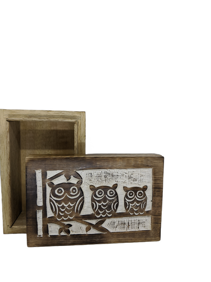 Three Wise Owl Whitewashed Wood Box