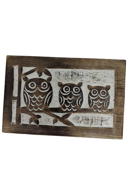 Three Wise Owl Whitewashed Wood Box