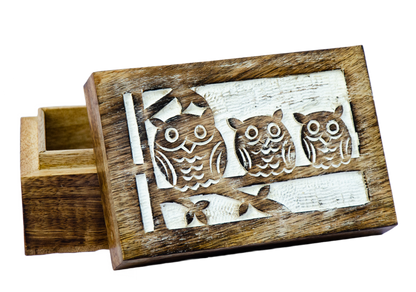Three Wise Owl Whitewashed Wood Box
