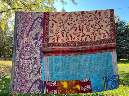 Sari Kantha Throw Blanket