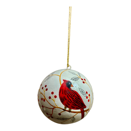 Cardinal Bird Paper Mache Ball Ornament